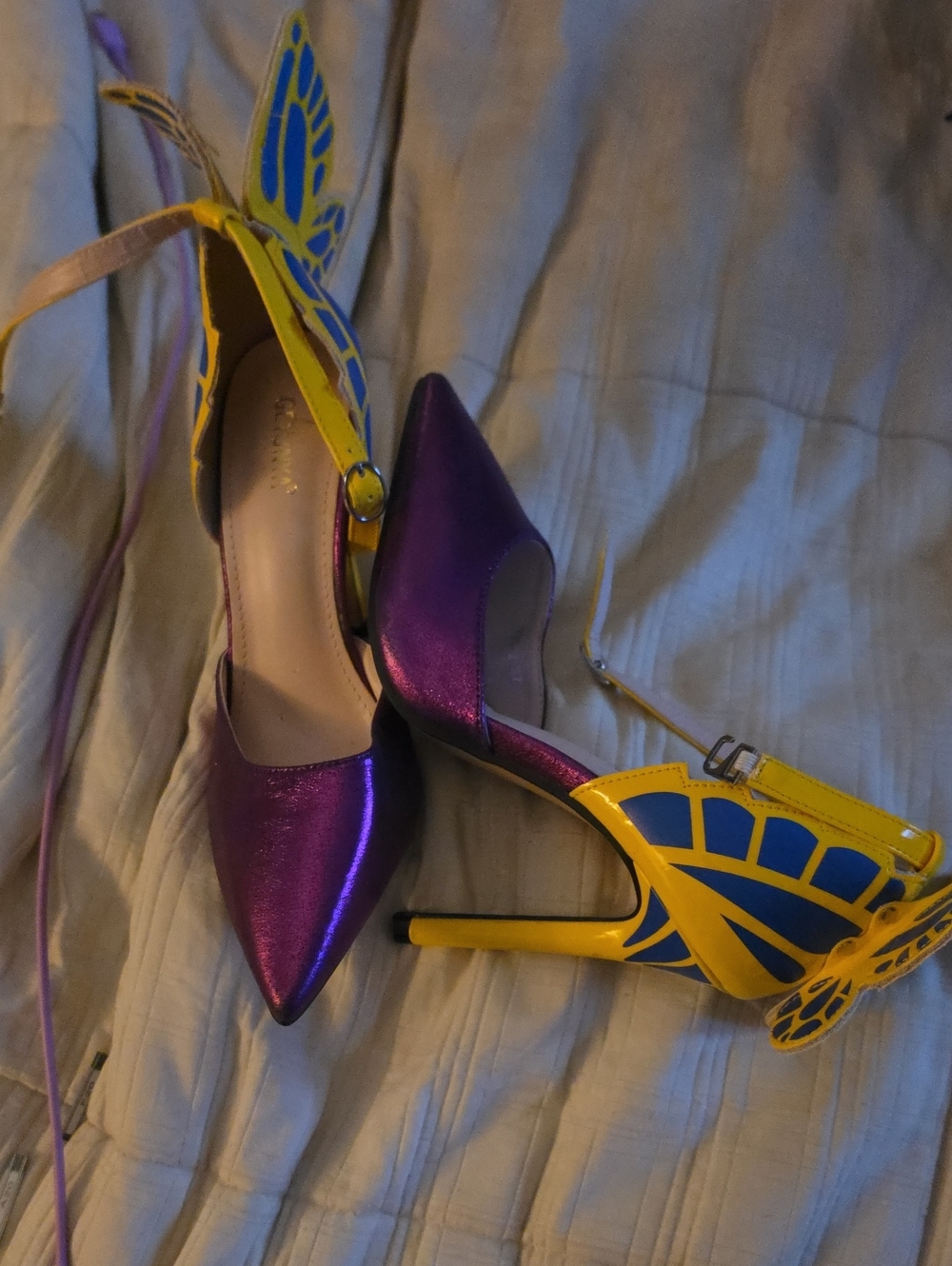 Bold Purple & Yellow Butterfly-Accent Stiletto Heels